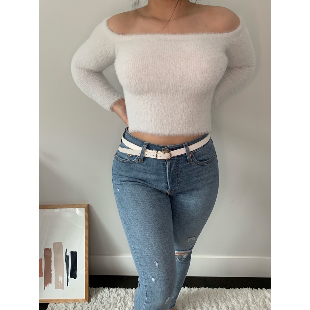 fluffy white off the shoulder top from h&m